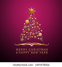 Vector Abstract cover Golden Christmas Tree, with text on purple background