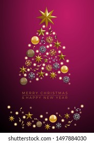 Vector Abstract cover Golden Christmas Tree, with text on purple background