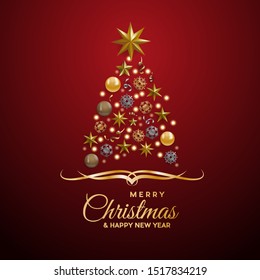 Vector Abstract cover Golden Christmas Tree, with text on red background