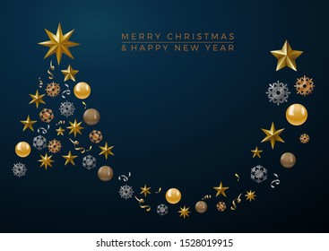 Vector Abstract cover Golden Christmas Tree, with text on blue background
