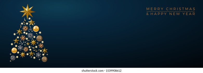 Vector Abstract cover Golden Christmas Tree, with text on blue background
