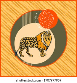 Vector abstract creative background with geometric figures and lion. Modern ornamental decorative background. Square print for textile, cloth, scrapbooking