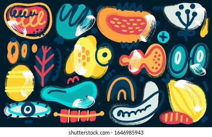 Vector abstract creative background with hand drawn different textured shapes and decorative elements. Folk style. Unique artistic design. Header, poster, cover, banner, card, invitation, packaging