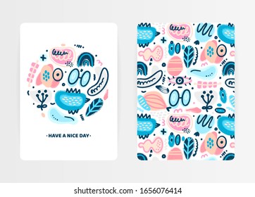 Vector abstract creative backgrounds with hand drawn different textured shapes and decorative elements. Folk style. Unique artistic cover design with decorated circle. Invitation, card, book, notebook