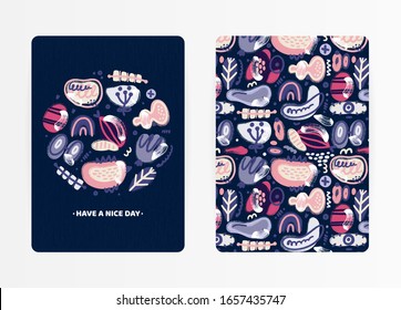 Vector abstract creative backgrounds with hand drawn different textured shapes and decorative elements. Folk style. Unique artistic cover design with decorated circle. Invitation, card, book, notebook