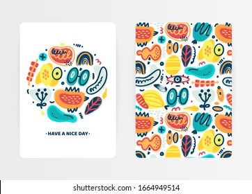 Vector abstract creative backgrounds with hand drawn different textured shapes and decorative elements. Folk style. Unique artistic cover design with decorated circle. Invitation, card, book, notebook