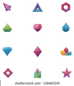 Vector Abstract Crystal Icon Set. Includes Crystallized Triangle, Hexagon, Diamond, Heart, Water Drop, Star And Other Shapes