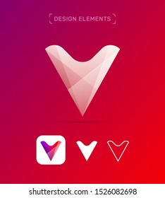 Vector abstract, crystal letter V logo template collection. Modern material design, 3d, flat and line art style