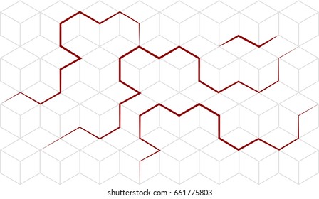 Vector abstract cubes isometric background with red lines. Geometric abstraction. Pseudo 3D cube cell. White background. Editable eps10 Vector.