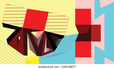 Vector abstract cubist wallpaper. Geometric shapes with shading. Multicolored background. Triangles, squares, lines.
