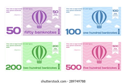 Vector Abstract Cute Color Banknote Templates Set 2 in Flat Style Isolated on White Background
