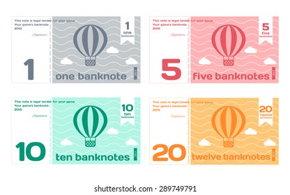 Vector Abstract Cute Color Banknote Templates Set 1 in Flat Style Isolated on White Background