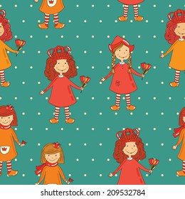 Vector abstract cute girl seamless pattern. King day in Netherlands. 