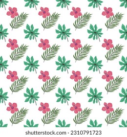 Vector abstract cute hand drawn illustration with palm leaves and hibiscus flowers. The pattern is great for fabric, wallpaper, wrapping paper, postcard, layout.
