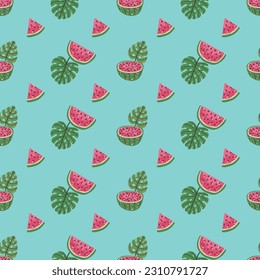 Vector abstract cute hand drawn illustration with
monstera leaves and watermelons. The pattern is great for fabric, wallpaper, wrapping paper, postcard, layout.