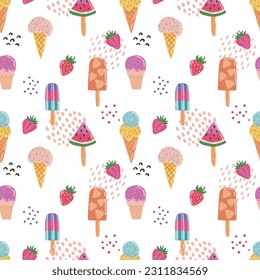 Vector abstract cute hand drawn illustration with ice cream and watermelon. The pattern is great for fabric, wallpaper, wrapping paper, postcard, layout