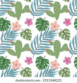 Vector abstracto adorable ilustración dibujada a mano con hojas de palma y flores de hibisco. El patrón es genial para tela, papel pintado, papel envolvente, postal, diseño.