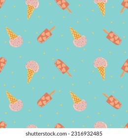 Vector abstract cute hand drawn illustration with ice cream. The pattern is great for fabric, wallpaper, wrapping paper, postcard, layout.