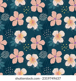 Vector abstract cute hand drawn illustration with palm leaves, hibiscus flowers. The pattern is great for fabric, wallpaper, wrapping paper, postcard, layout.