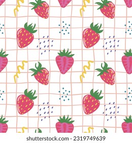 Vector abstract cute hand drawn illustration with strawberries. The pattern is great for fabric, wallpaper, wrapping paper, postcard, layout.