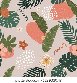 Vector abstract cute hand drawn illustration with palm leaves, hibiscus flowers. The pattern is great for fabric, wallpaper, wrapping paper, postcard, layout.