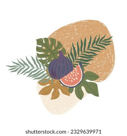 Vector abstract cute hand drawn illustration with palm leaves and figs. 