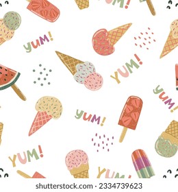 Vector abstract cute hand drawn illustration with ice cream and watermelon. The pattern is great for fabric, wallpaper, wrapping paper, postcard, layout.