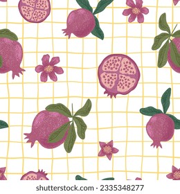 Vector abstract cute hand drawn illustration with pomegranates and pomegranate leaves. The pattern is great for fabric, wallpaper, wrapping paper, postcard, layout.