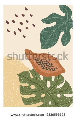 Vector abstract cute hand drawn illustration with papaya and monstera leaves in boho style. Can be used to print postcards and posters
