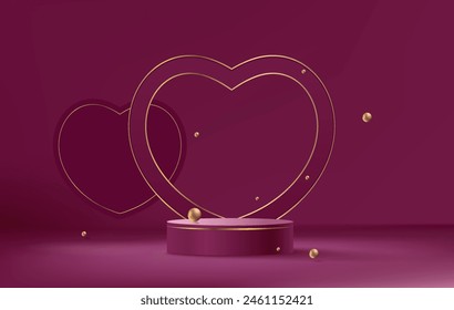 Vector abstract dark 3d background with realistic cylinder pedestal podium golden light heart and golden ball, background for product display
