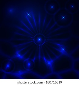 Vector abstract dark background with glowing rays and stars