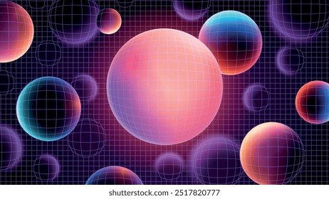 Vector abstract dark blue background. Bright glowing fluid balls under wireframe grid. 80s disco style. 3D effect. Realistic blur and glow effect.