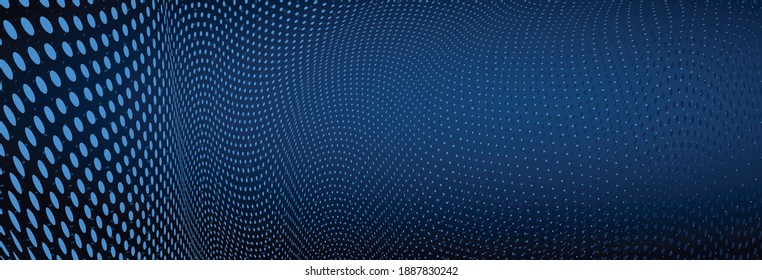 Vector abstract dark blue dotted background with dimensional perspective, technology and science theme, big data flow, geometric 3D design.