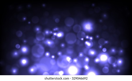 Vector abstract dark blurred lights background. Water drops. Dust. Blue background
