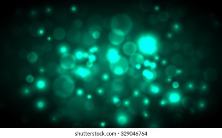 Vector abstract dark blurred lights background. Water drops. Dust. Green background. Cyan background.
