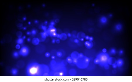 Vector abstract dark blurred lights background. Water drops. Dust. Blue background