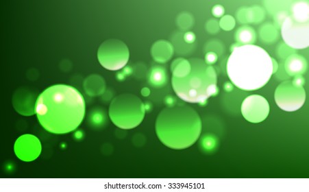 Vector abstract dark blurred lights background. Water drops. Dust. Green background.