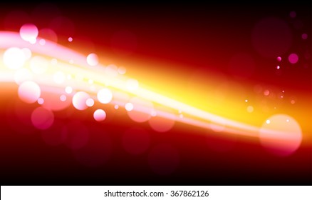 Vector abstract dark blurred lights background. Water drops. Dust. Red background. Lines of light. Trail. Gold. Golden.  Yellow.