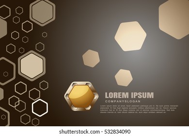 Vector abstract dark brown background with different size hexagon silhouettes and metal yellow badge.