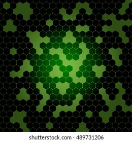 Vector abstract dark green gradient background with hexagon shapes and holes.