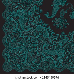 Vector abstract dark green mermaid print on a black background. Turquoise Paisley pattern, hand drawn fish, fantasy sea animals. Quarter scarf, shawl should be rotated around the upper right corner