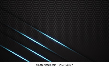 Vector abstract dark hexagon background with shiny blue lines. Modern, luxury, sport technology frame background design template. Eps 10 Vector Illustration.