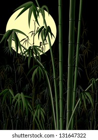 Vector abstract dark illustration: bamboo forest at night with the moon.