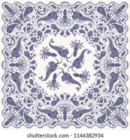 Vector abstract dark indigo blue  mermaid print on a beige background. Paisley pattern, hand drawn fish, fantasy sea animals, ornate octopus. Bandana design, scarf, kerchief ornament, tee shirt print