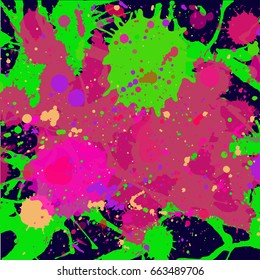 Vector abstract dark multicolor paint artistic layered splashes background. Square format.