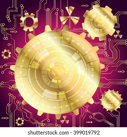Vector abstract dark pink background with gold cogwheels
