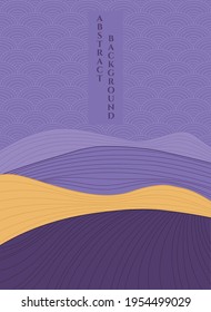 vector abstract dark purple and yellow background with stylized mountains and hills, traditional fish scales japanese pattern