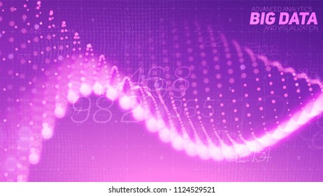 Vector abstract data particle wave, points array, shallow depth of field. Futuristic illustration. Big Data digital technology splash of data points. Point dance waveform. Cyber UI, HUD element