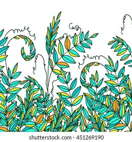 Vector abstract decorative background with green leaves, hand drawn illustration with wild plants on white background