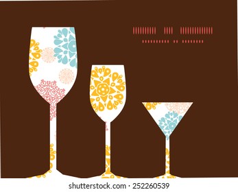 Vector abstract decorative circles stars three wine glasses silhouettes pattern frame